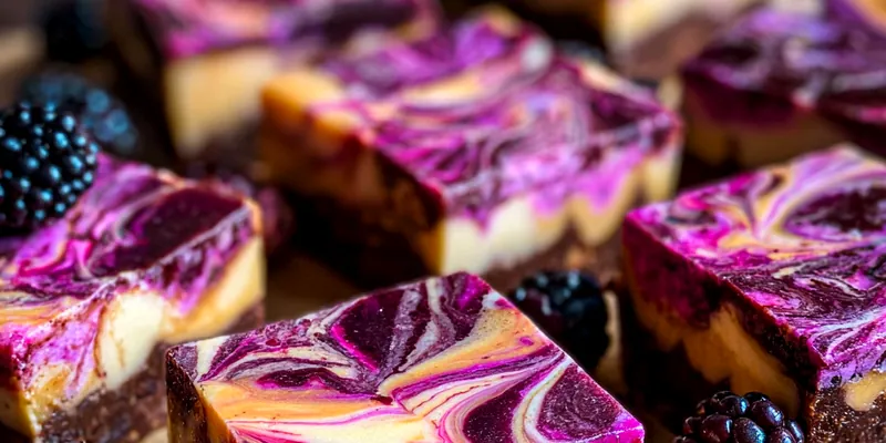 Delicious Blackberry Swirl Cheesecake Bars served on a plate