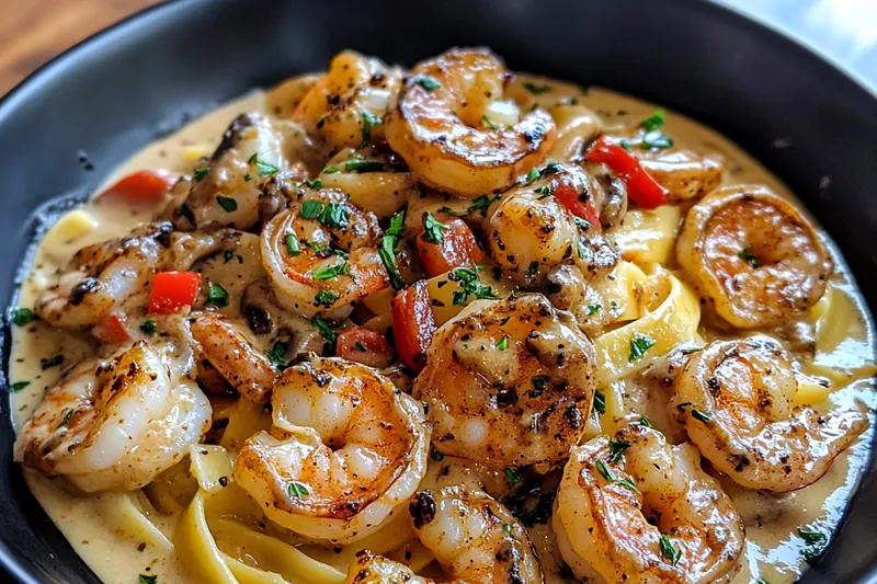 Chef Mitchell expertly sautéing shrimp in a pan, preparing for Creamy Blackened Shrimp Pasta.