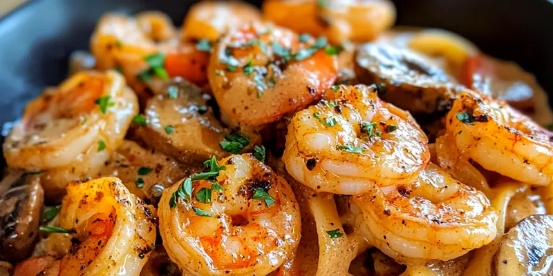 A plate of creamy blackened shrimp pasta garnished with parsley and lemon wedges, showcasing a rich sauce and succulent shrimp.