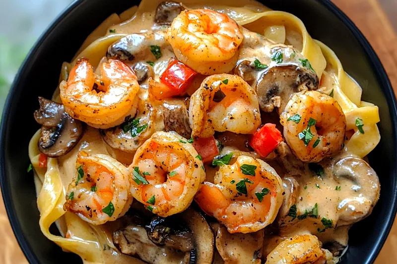 An assortment of fresh ingredients for Creamy Blackened Shrimp Pasta, including shrimp, pasta, spices, and cream.