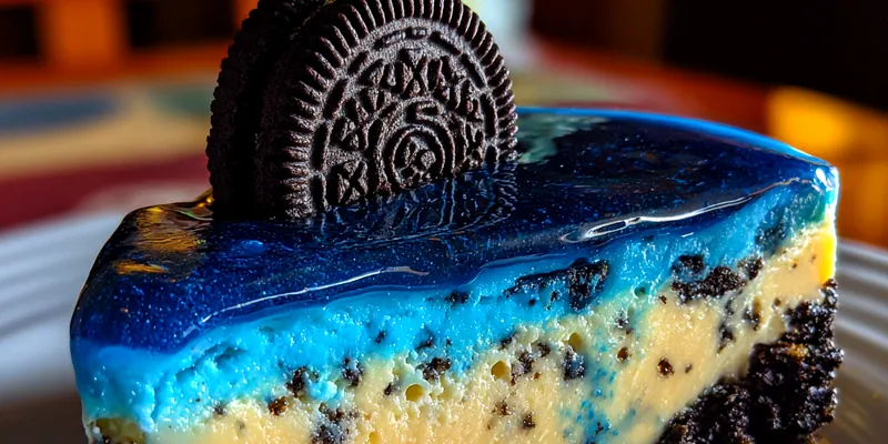 A vibrant slice of Blue Oreo Delight on a decorative plate, showcasing layers of creamy filling and colorful toppings.