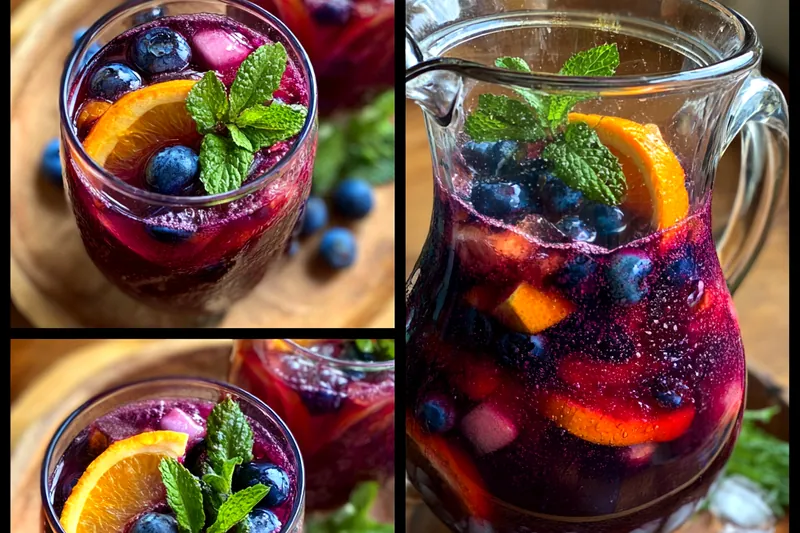 A vibrant pitcher of Fruity Blueberry Sangria with sliced fruits and a glass ready to be served.