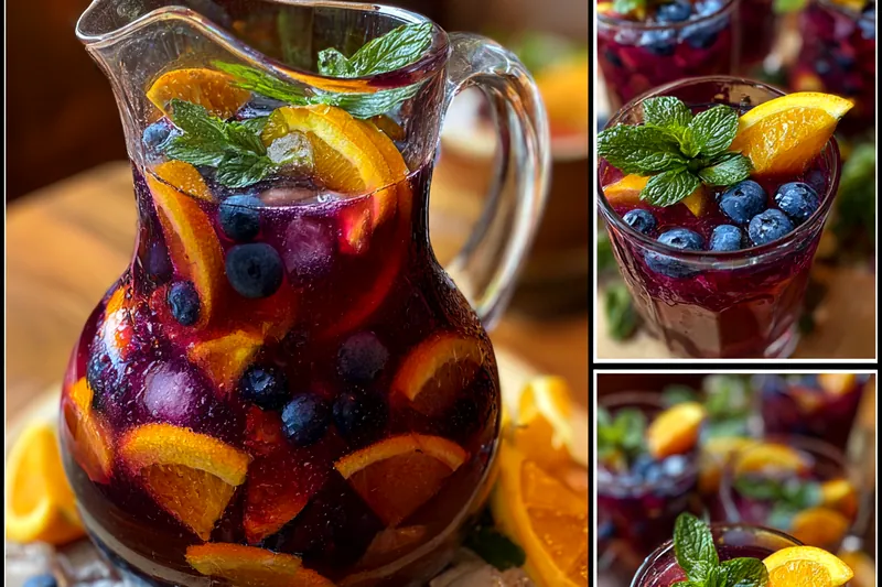 A colorful display of ingredients for Fruity Blueberry Sangria including wine, fresh fruits, and liqueur.