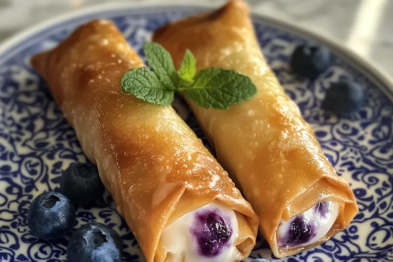 A close-up of Crispy Blueberry Cream Rolls being baked to golden perfection.