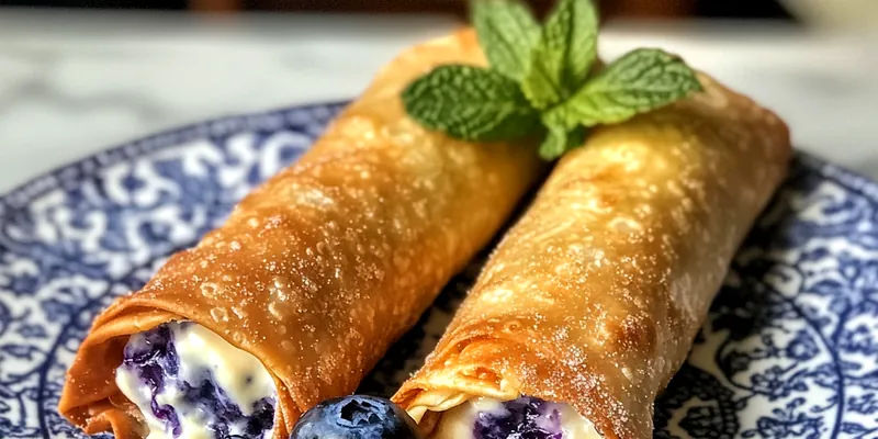 A plate of Crispy Blueberry Cream Rolls dusted with powdered sugar, showcasing their flaky texture and vibrant blueberry filling.