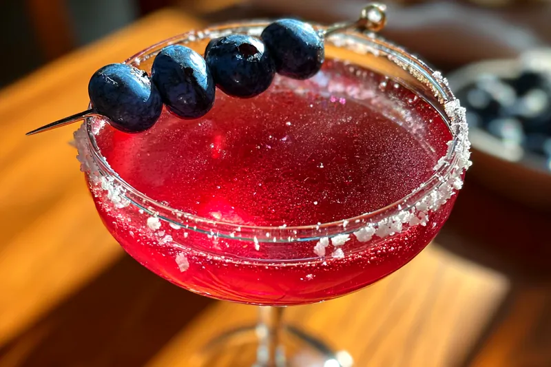 A vibrant Refreshing Blueberry Lemon Martini being prepared with fresh ingredients and ice.
