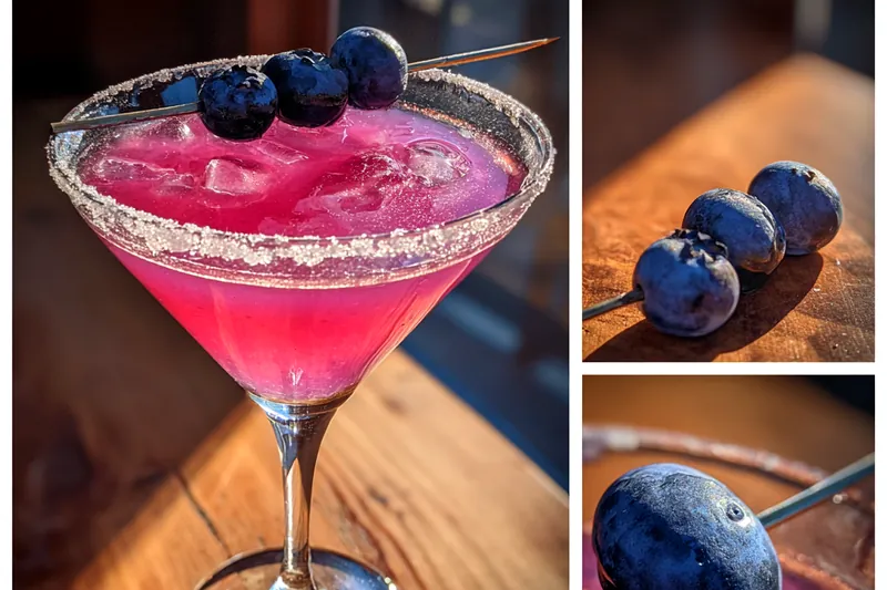 An array of fresh ingredients for the Refreshing Blueberry Lemon Martini including blueberries, lemons, and vodka.