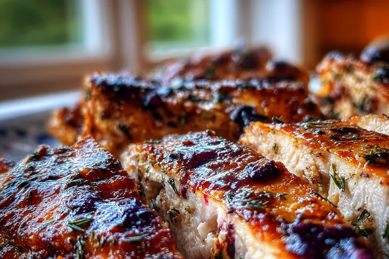 Sautéing chicken in a skillet with blueberries