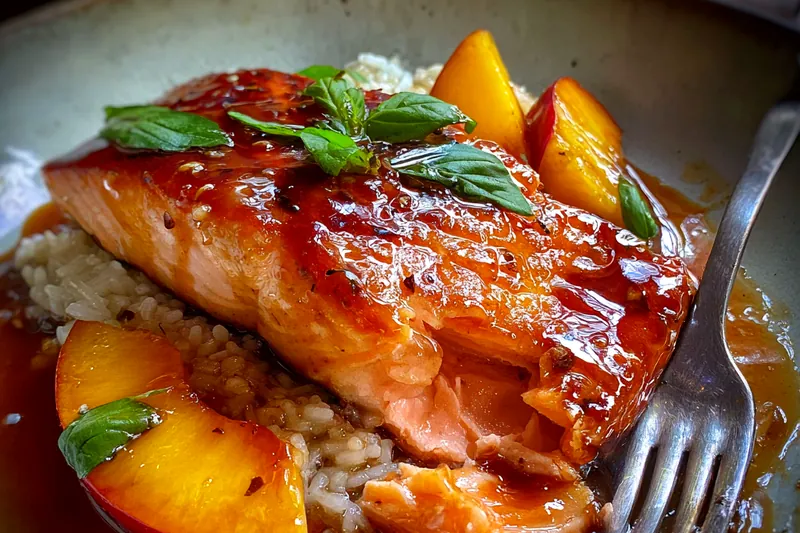 Salmon roasting in the oven with peaches