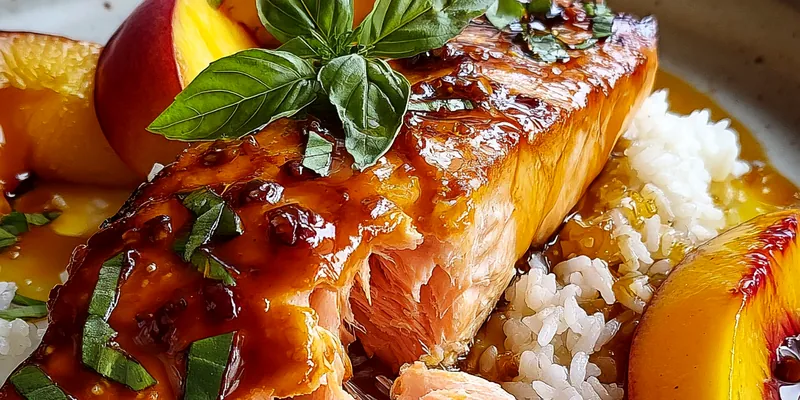 Bourbon Peach Roasted Salmon served on a plate