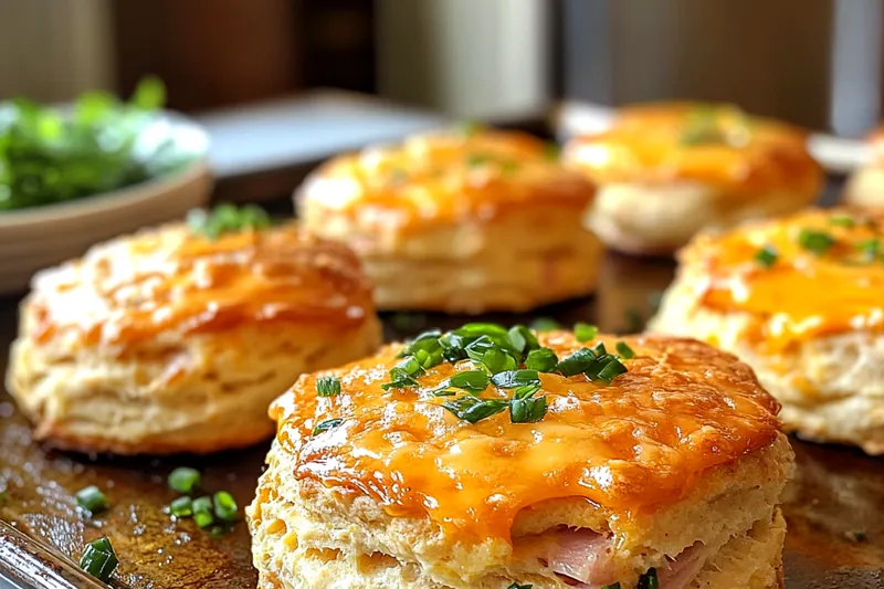 Fresh ingredients for Savory Breakfast Biscuits, including flour, cheese, and bacon arranged on a wooden surface.