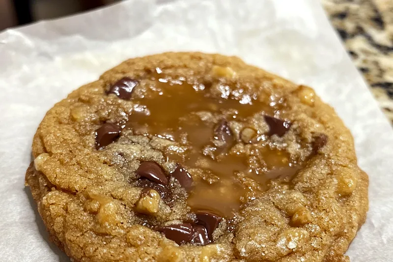 A close-up of cookies baking in the oven, showcasing their golden-brown edges and gooey chocolate centers.