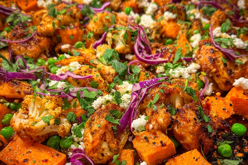 Cooking process for Buffalo Chicken Sweet Potato Bake