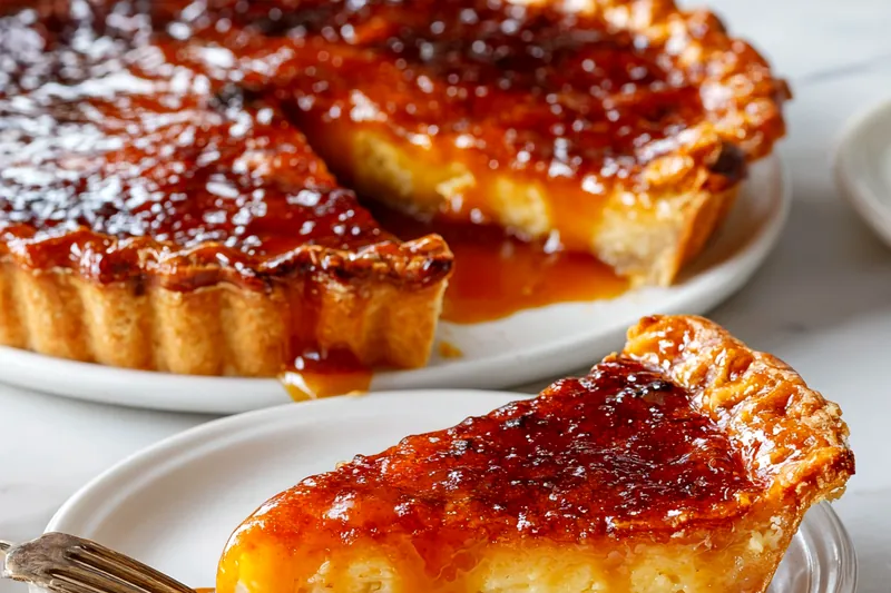 Burnt Honey Pie baking in the oven, golden brown.