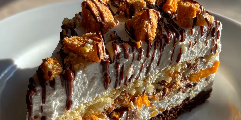 A beautifully plated Decadent Butterfinger Delight showcasing layers of peanut butter and chocolate with crunchy Butterfinger toppings.