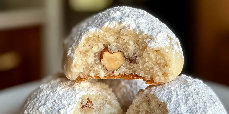 A plate of Delicious Pecan Snowball Treats dusted with powdered sugar, showcasing their soft texture.