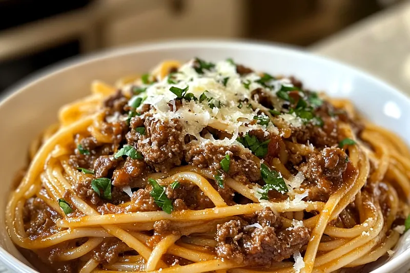 A skillet filled with Creamy Cajun Beef Spaghetti cooking on the stove, with steam rising.