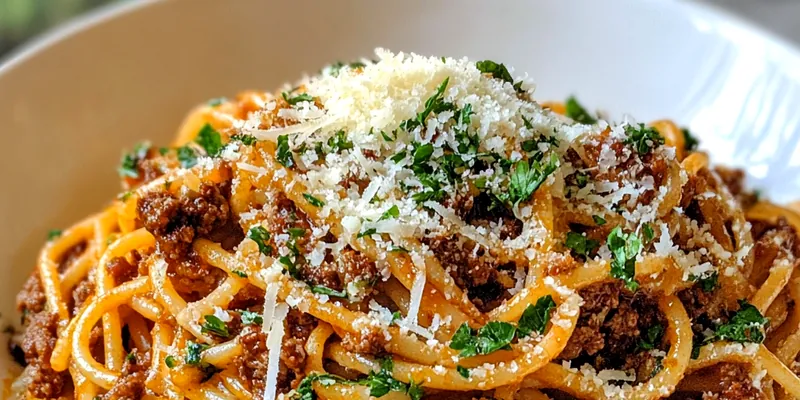 A vibrant bowl of Creamy Cajun Beef Spaghetti garnished with parsley and cheese.