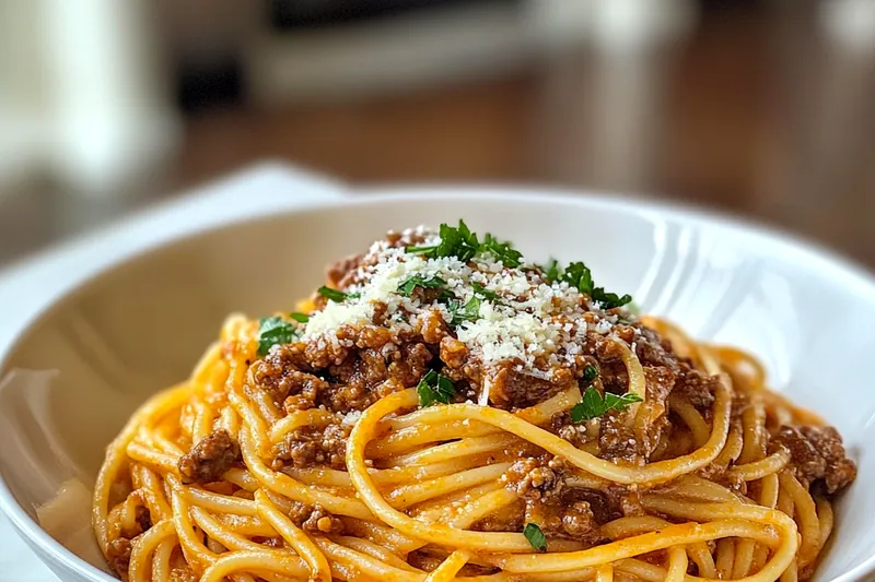 An array of fresh ingredients for Creamy Cajun Beef Spaghetti, including beef, onions, garlic, and cream.