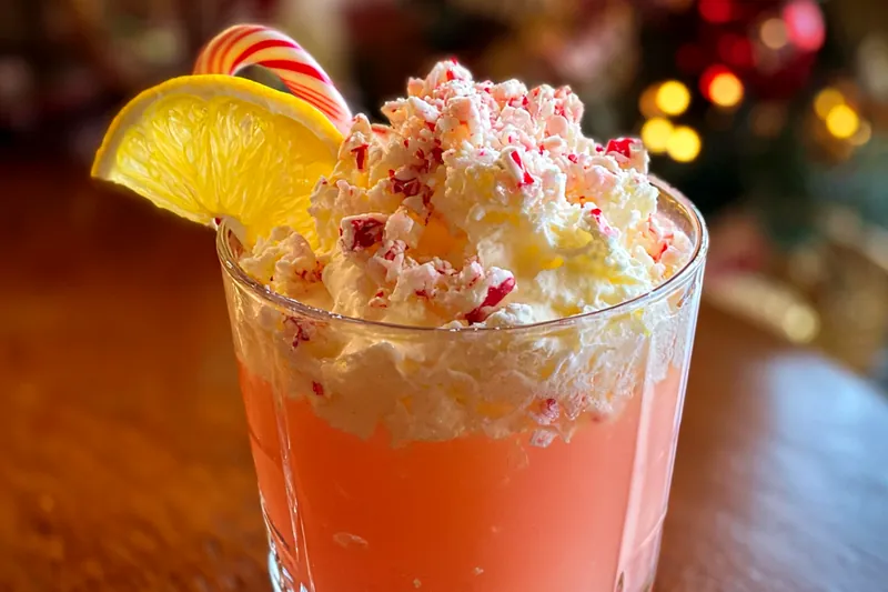 Chef Mitchell mixing the ingredients for Festive Candy Cane Punch in a festive kitchen.
