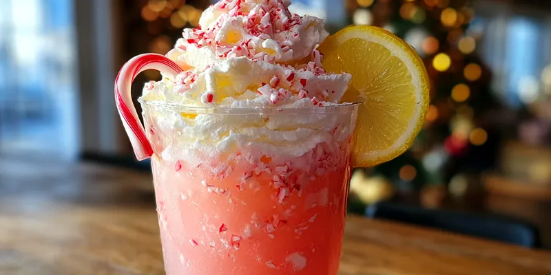 A vibrant glass of Festive Candy Cane Punch garnished with candy canes and cranberries, set on a festive table.