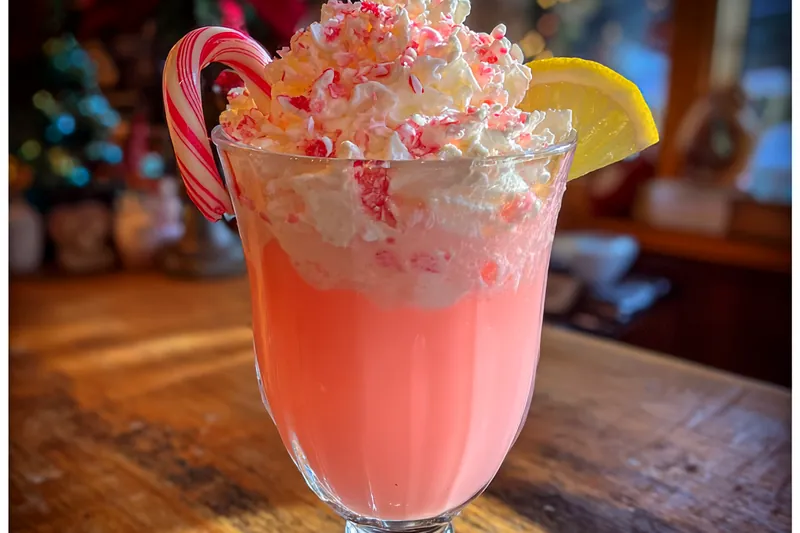 Colorful ingredients ready to be mixed for Festive Candy Cane Punch, including juices and candy canes.