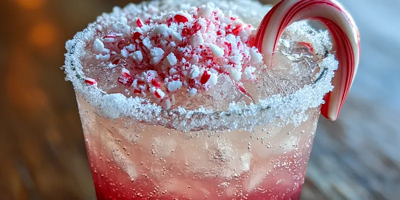 A beautiful glass of Festive Candy Cane Twist garnished with whipped cream and crushed candy canes.