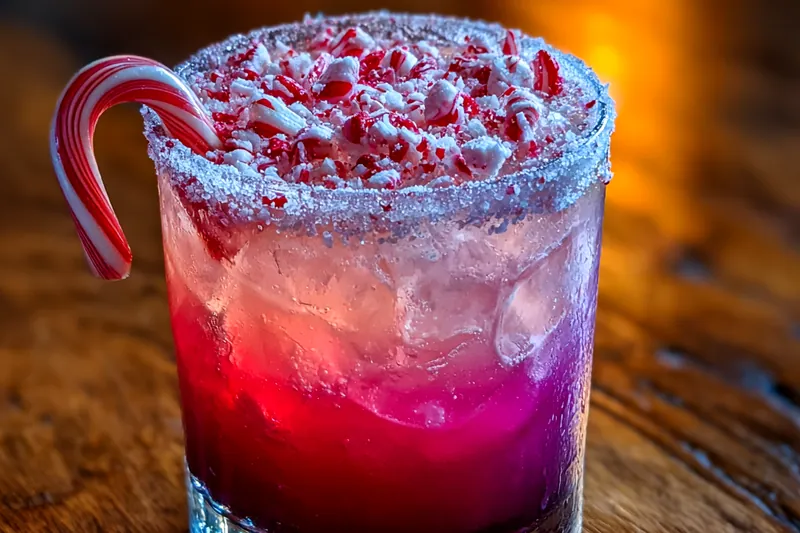 A colorful arrangement of ingredients for Festive Candy Cane Twist including peppermint schnapps, cream soda, and candy canes.