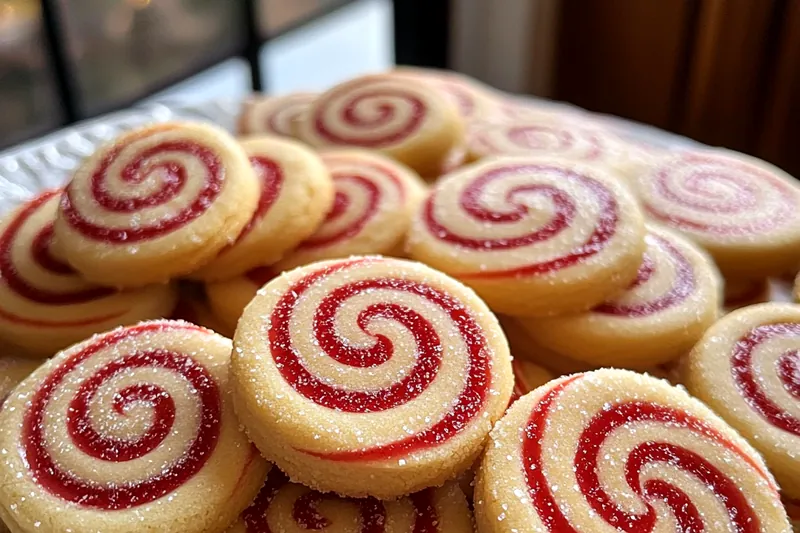 An assortment of ingredients for baking Festive Candy Cane Cookies, including butter, sugar, flour, and candy canes.