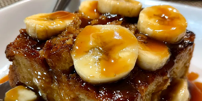 Delicious Caramel Banana Bread Pudding served on a plate