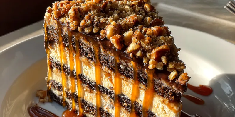 Delicious Caramel Crunch Layer Cake served on a plate