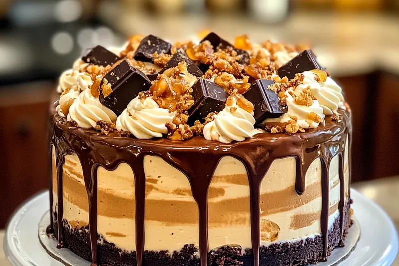 Chef Mitchell pouring caramel sauce over the baked Indulgent Caramel Toffee Cake, creating a luxurious finish.