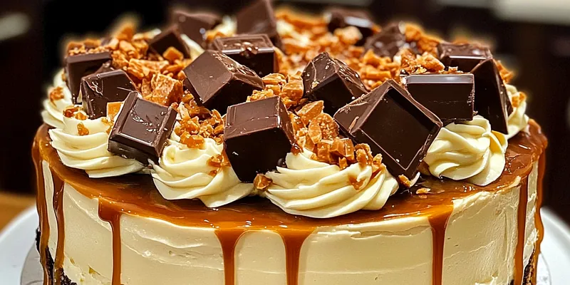 A beautifully layered Indulgent Caramel Toffee Cake topped with rich caramel drizzle and toffee bits, garnished with pecans.