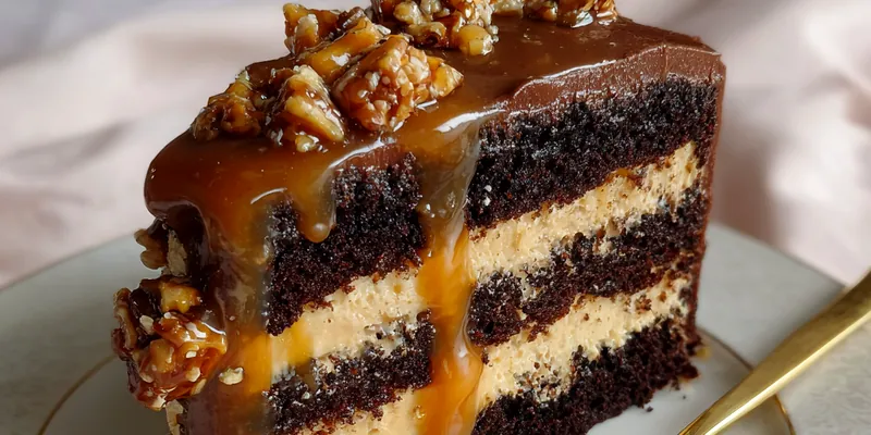 A beautifully layered Caramel Toffee Indulgence Cake topped with caramel sauce and toffee bits.