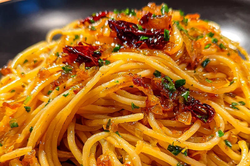 Fresh ingredients for Caramelized Onion Chilli Pasta