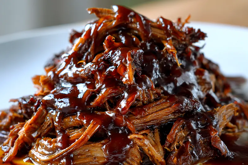 Step-by-step cooking process of caramelizing pulled beef brisket