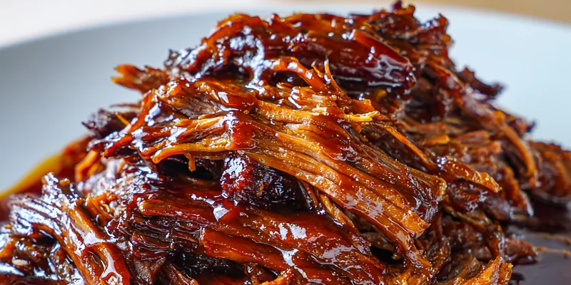 Delicious caramelized pulled beef brisket served on a plate
