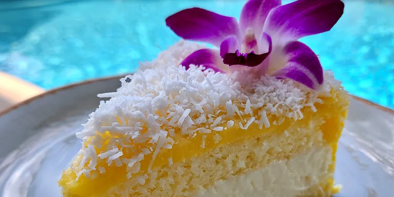 A beautifully presented slice of Delightful Coconut Cake topped with shredded coconut and served on a white plate.
