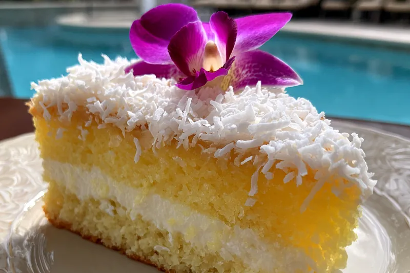 An assortment of ingredients including flour, coconut, eggs, and sugar all arranged neatly.