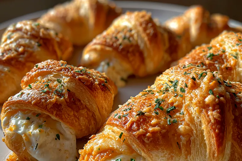 Ingredients for cheese croissants including puff pastry, cream cheese, mozzarella, Parmesan, eggs, herbs, and garlic arranged on a marble counter