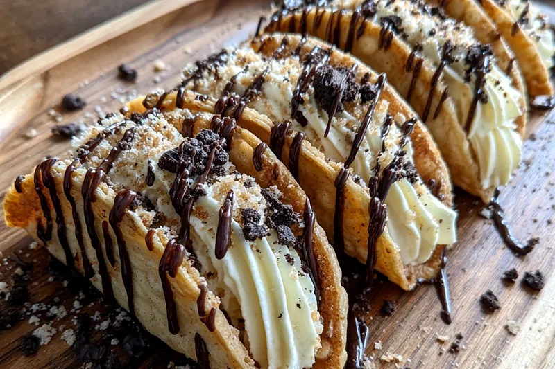 Chef frying taco shells for the Delicious Cheesecake Tacos, showing golden-brown perfection.