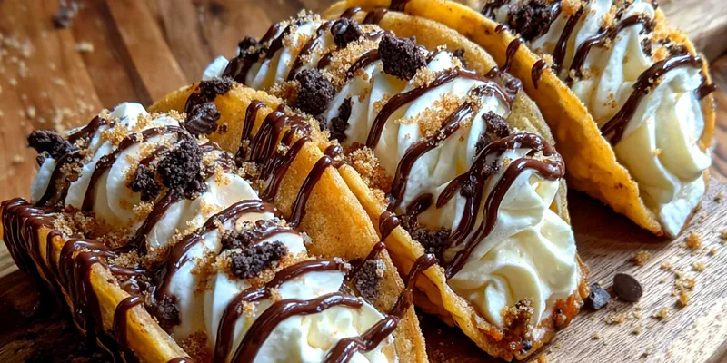 A plate of Delicious Cheesecake Tacos garnished with whipped cream and chocolate chips.