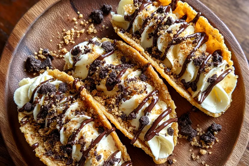 An assortment of ingredients for Delicious Cheesecake Tacos displayed on a wooden kitchen counter.