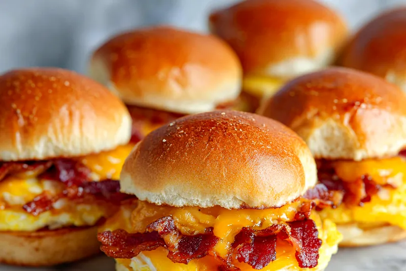 Cooking cheesy bacon egg and cheese sliders in a skillet