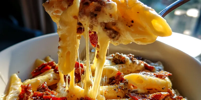 Delicious Cheesy Bacon Pasta Bake served on a plate
