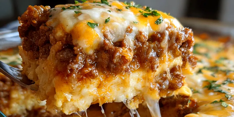 Delicious Cheesy Beef Layered Casserole served on a plate
