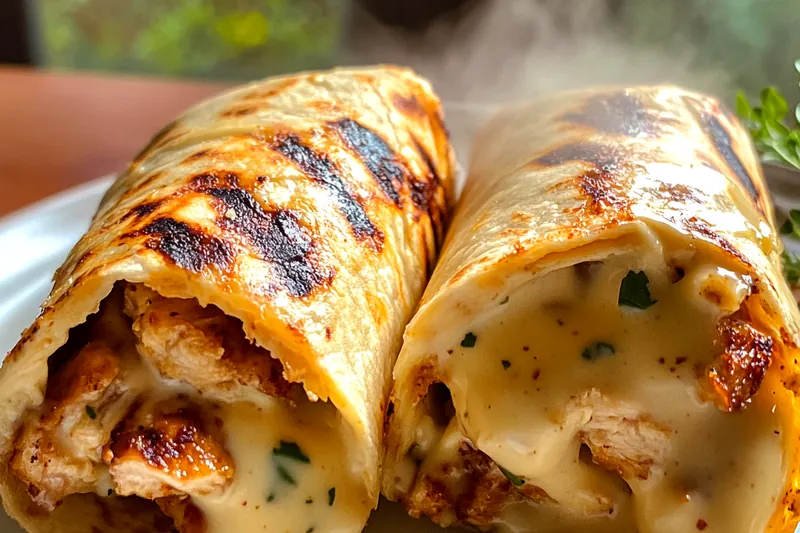 Cooking process of Cheesy Garlic Chicken Wraps with chicken sizzling in the pan.
