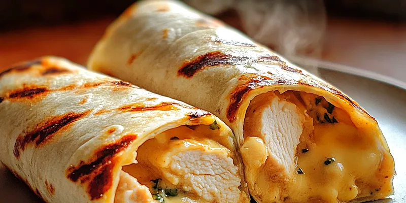 A delicious plate of Cheesy Garlic Chicken Wraps served with ranch dressing
