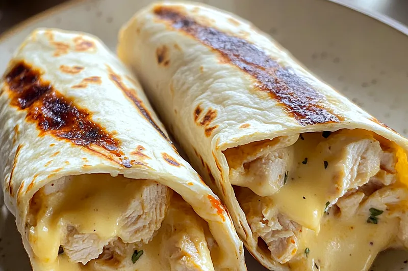 Ingredients for Cheesy Garlic Chicken Wraps arranged neatly on a countertop.