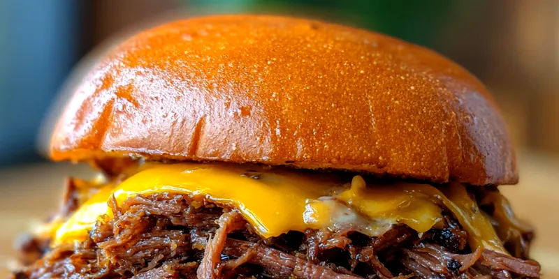 Delicious Cheesy Pulled Beef Sandwich served on a plate
